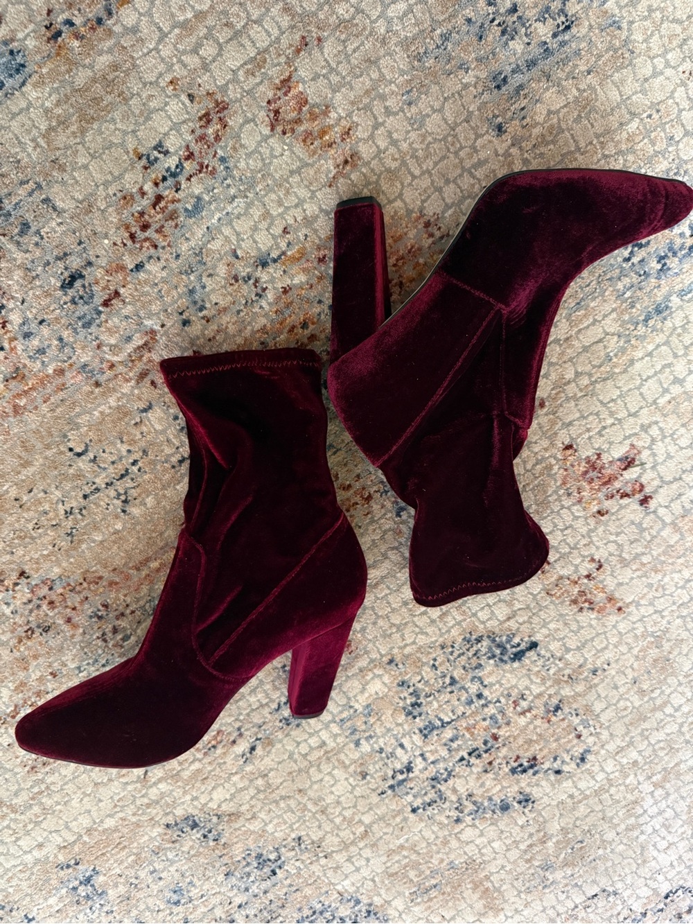 Velvet Block Heel Ankle Boots in Wine